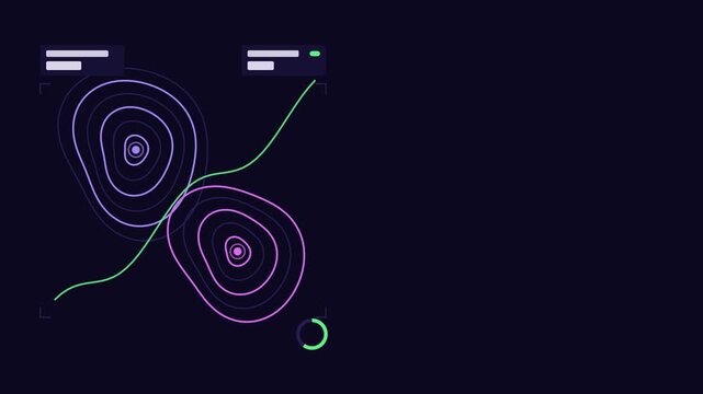 Seamless 4K looping technology animation: isobar contour map with nested shifting lines. Flat vector interface with grid, rings, readout cards and blank text placeholders in blue and azure on a dark b