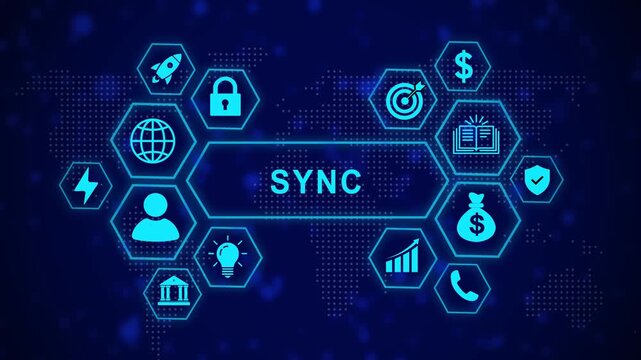 Digital sync interface featuring glowing hexagonal and global network connectivity for modern business communication, data integration, cloud computing, and advanced corporate technology systems