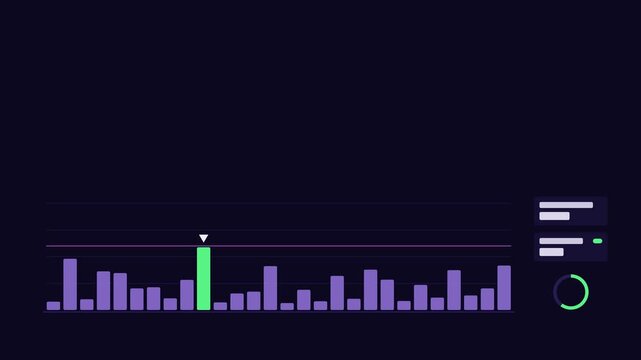 Seamless 4K looping technology animation: spectrum peak detection highlighting jumping maximum band. Flat vector interface with grid, rings, readout cards and blank text placeholders in blue and azure