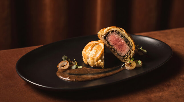 A gourmet plating of beef wellington bites served on a black plate with mushroom duxelles and garnish in a restaurant