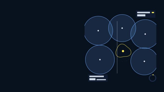 Animated coverage gap detection highlighting uncovered patch area drawn as a clean sci fi interface in blue and azure on a dark background. Smooth 4K seamless loop with blank readout panels and room f