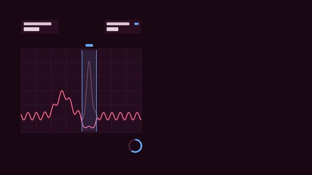 Seamless 4K looping technology animation: interference rejection notch moving through spectrum band. Flat vector interface with grid, rings, readout cards and blank text placeholders in purple and vio