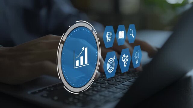 Education and business growth concept. Person using laptop with upward progress chart and skill development icons, digital corporate learning platform.