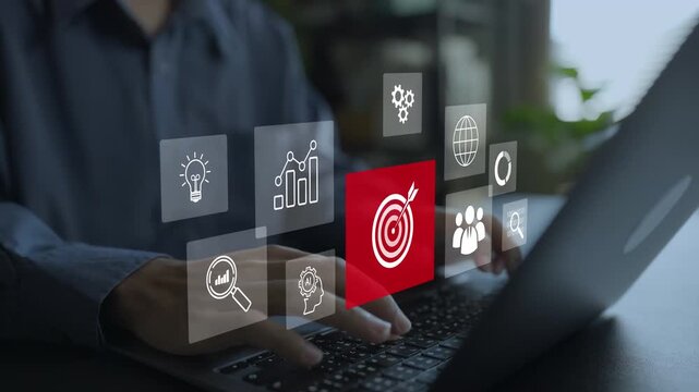 Analytics, goals, performance and business strategy concept. Person using laptop with target bullseye, data chart and strategic growth roadmap icons, corporate management system.