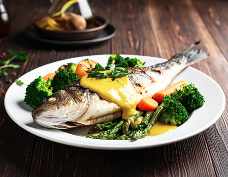Grilled sea bass served with broccoli, carrots, asparagus and topped with creamy mustard sauce, white plate. AI