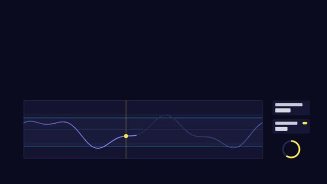 Seamless 4K looping technology animation: pressure trace line with smooth slow oscillation. Flat vector interface with grid, rings, readout cards and blank text placeholders in blue and azure on a dar