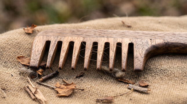 A detailed closeup of checkerd flag style wooden comb resting on rustic fabric texture with fallen leaves