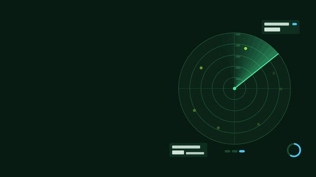 Seamless 4K looping technology animation: long range radar sweep with five rings. Flat vector interface with grid, rings, readout cards and blank text placeholders in green and emerald on a dark backg