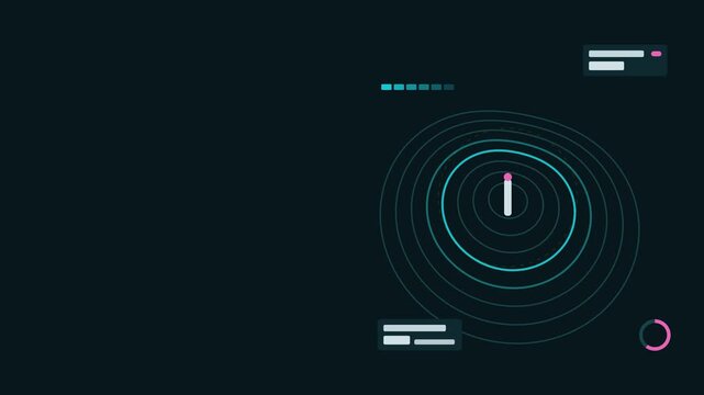 Seamless 4K looping technology animation: field strength contours revealing outward from source. Flat vector interface with grid, rings, readout cards and blank text placeholders in teal and cyan on a