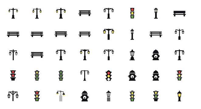 Seamless Pattern of Urban Infrastructure Icons Including Street Lights Park Benches Traffic Signals and Fire Hydrants for City Design and Public Utilities Concepts