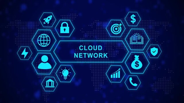 Dynamic cloud network digital interface featuring glowing hexagonal for global business communication, data security, financial growth, and advanced technological connectivity solutions in blue motion