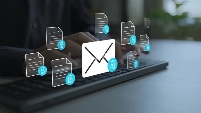 Email security and confidential communication concept. Person typing on keyboard with digital padlock, encrypted message shield and secure key icons, enterprise data privacy system.