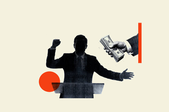 Silhouette of politician at podium receiving stack of cash representing political corruption