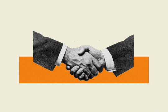 Businessmen shaking hands representing corporate partnership and agreement against orange shape background