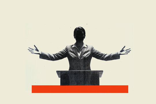 Silhouette of businesswoman standing at podium with arms outstretched during campaign speech