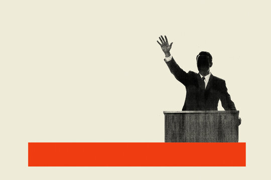 Silhouette of politician standing at podium waving hand during campaign speech