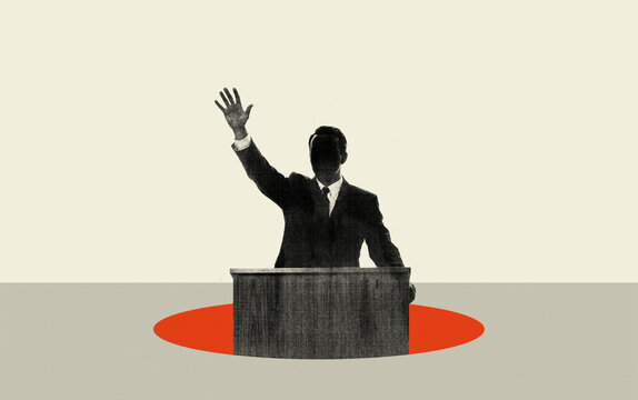 Silhouette of politician standing at podium waving hand during campaign speech