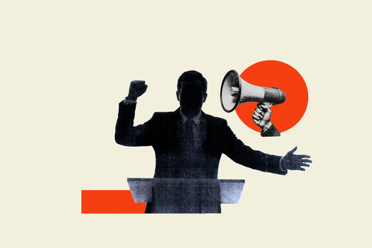 Silhouette of politician at podium holding megaphone during political campaign speech