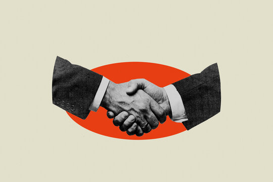 Businessmen shaking hands representing corporate partnership and agreement against red circle shape