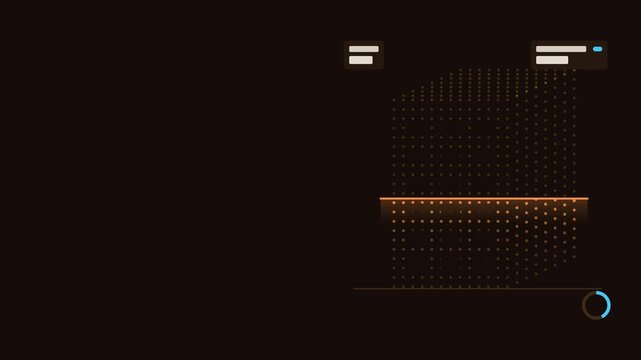 Seamless 4K looping technology animation: building lidar scan with plane rising upward. Flat vector interface with grid, rings, readout cards and blank text placeholders in orange and amber on a dark 