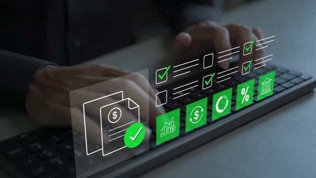 Digital financial approval management platform concept. Person typing on keyboard with transaction clearance, signature verification and expense policy icons, corporate portal.