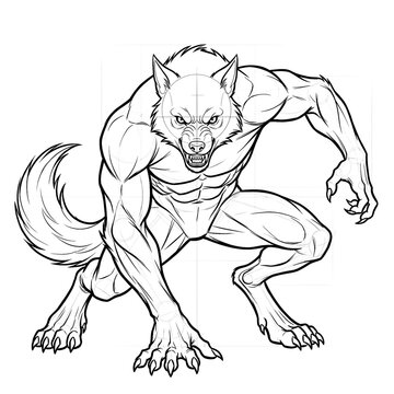 Hand drawn sketch of a feral werewolf ready to pounce front view. Line art illustration.
