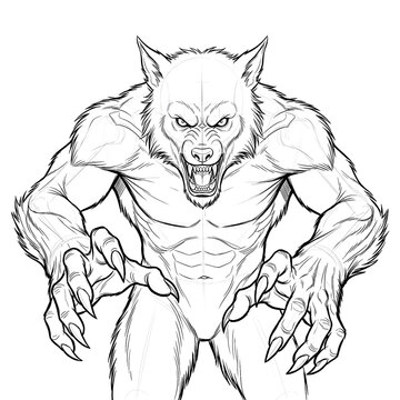 Hand drawn sketch of a classic werewolf reaching out front view. Line art illustration.