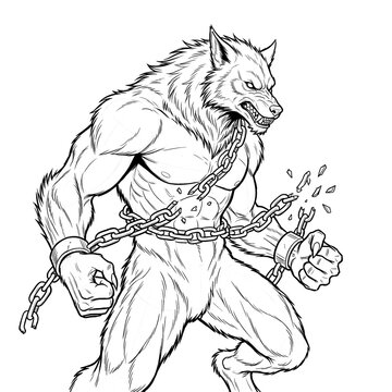 Hand drawn sketch of a fantasy chained werewolf 3/4 view. Line art illustration.