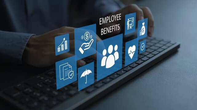 Digital employee benefits platform concept. Person typing on keyboard with medical coverage, bonus gift and staff wellness icons, modern corporate HR management portal.