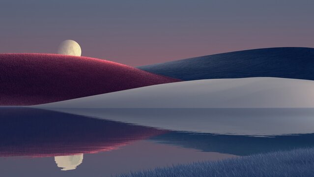 Ethereal planetoid resting on undulating abstract landscape during twilight reflection on tranquil water