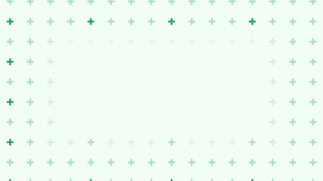 Seamless 4K looping abstract motion background: plus pattern background rising slowly, in green and emerald on a light backdrop with generous copy space for your own title. Minimal flat vector shapes 