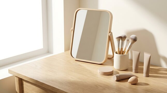 A beginner makeup guide setup featuring a wooden mirror and essential beauty products on a clean minimalist vanity desk