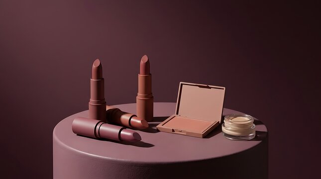 A beginner makeup guide featuring essential lipstick and cosmetic products arranged on a modern mauve podium studio