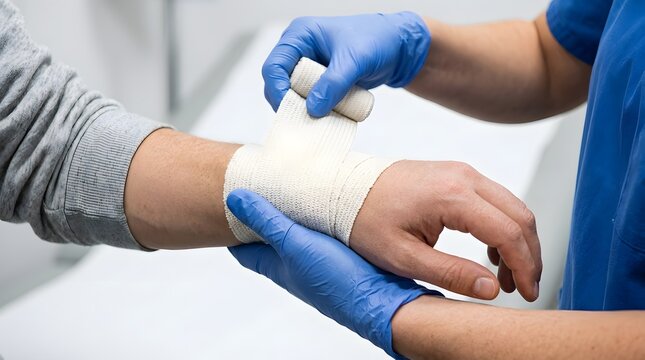 Medical professionals carefully applying a plaster cast to a young childs broken arm in a hospital