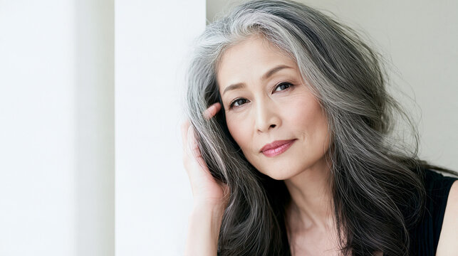 自然なグレイヘアを受け入れ、年齢を重ねることを肯定する美しさを体現する大人の女性
