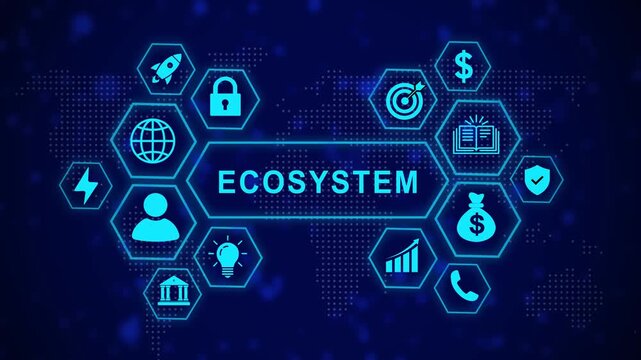 Digital business ecosystem infographic animation featuring interconnected hexagonal ui global network connectivity, corporate strategy and modern financial growth data visualization motion