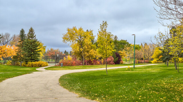 Curving Path Through Colorful Autumn Trees and Green Lawns in Lakeview Park in the City of Saskatoon, Canada.