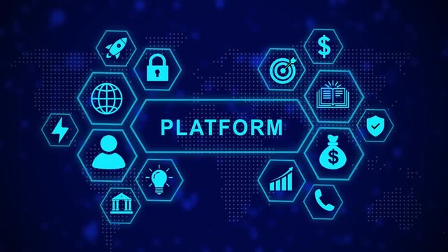 Digital business platform concept featuring glowing hexagonal ui with for global connectivity, financial growth, data security, innovation, and corporate strategy in a modern tech interface