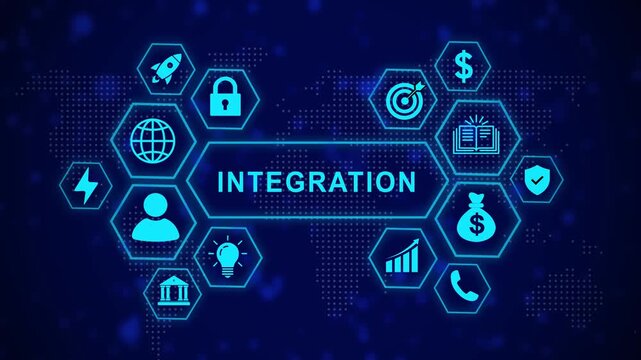 Digital business integration concept featuring animated hexagonal and global network connectivity for corporate strategy, financial growth, data security, and modern technological infrastructure