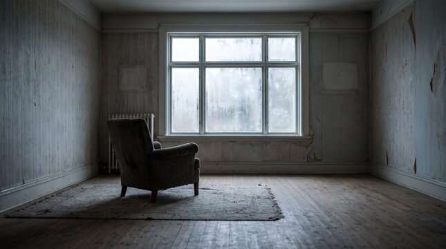 Single Armchair in Empty Room Facing Frosted Window
