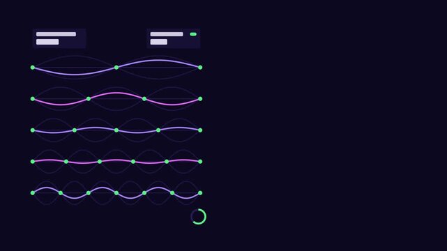 Seamless 4K looping technology animation: standing wave pattern with fixed nodes breathing. Flat vector interface with grid, rings, readout cards and blank text placeholders in blue and azure on a dar