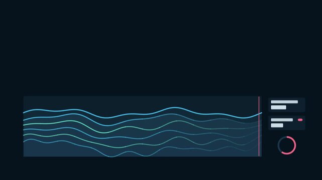 Seamless 4K looping technology animation: sediment layer profile scrolling with revealed layers. Flat vector interface with grid, rings, readout cards and blank text placeholders in blue and azure on 