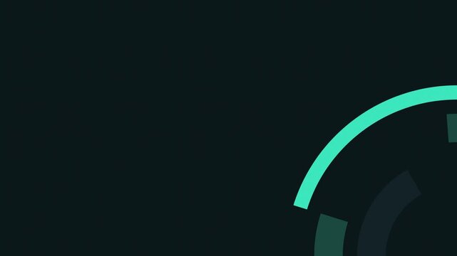 Animated geometric background with soft arc field corner rotation in teal and cyan on a dark backdrop. Smooth 4K seamless loop with simple flat vector shapes and plenty of empty space for text. Widesc