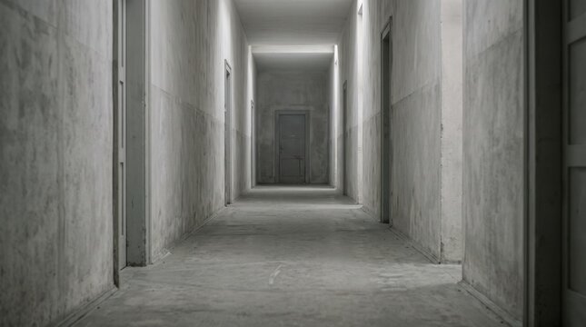 Empty Dimly Lit Concrete Hallway with Doors in Grayscale