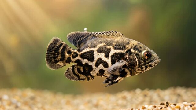 white tiger oscar fish close up underwater at morning light in aquarium video