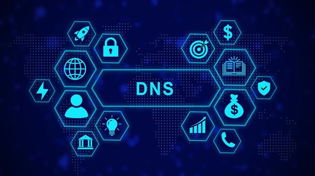Dynamic dns network infrastructure concept featuring glowing hexagonal ui global connectivity and digital data flow animation for advanced cybersecurity and modern enterprise it solutions