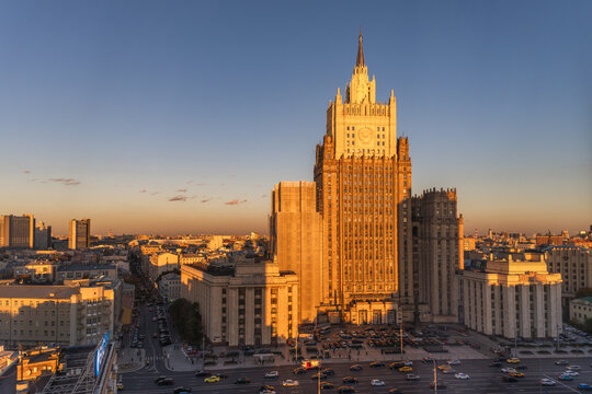 Moscow, Russia &mdash; October 7, 2026: The Ministry of Foreign Affairs building in Moscow, illuminated by the golden light of sunset; a panoramic view overlooking the Arbat district and the city.