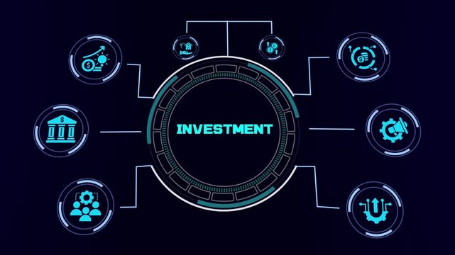 Investment Network Infographic with Financial Technology Icons.