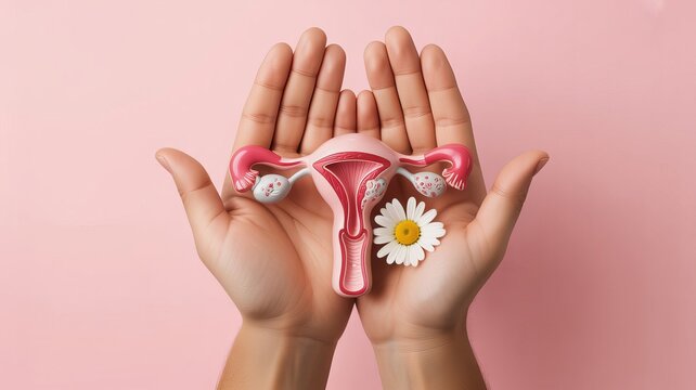 Female reproductive system model held in cupped hands with a daisy flower, pink background, uterus ovaries