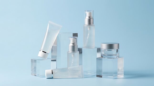 Clear skincare bottles with pump sprayers and jar on transparent. makeup primer kit